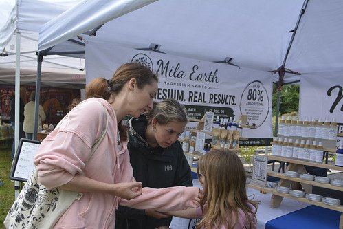 Visitors chatting at a festival vendor booth